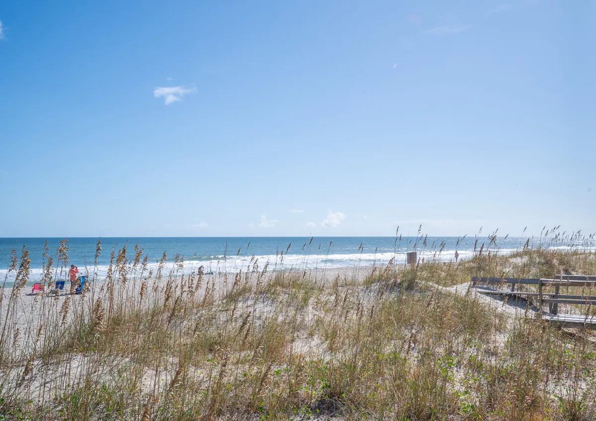 A panoramic view of the beach shows sunbathers, swimmers, and people strolling along the boardwalk, set against rolling dunes, sparkling ocean waves, and a bright, relaxed atmosphere.
